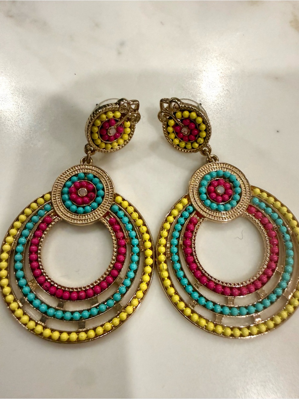 Colorful Beaded Hoop Drop Earrings - Yellow, Turquoise & Pink